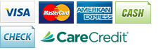 We accept Visa, MasterCard, American Express, Cash, Check and CareCredit.